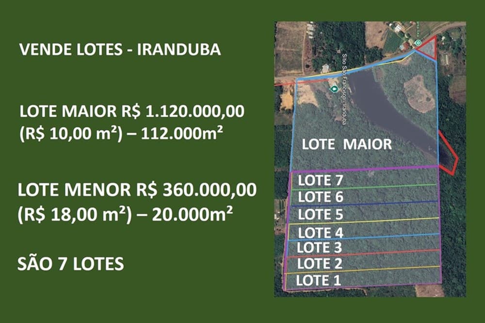 OPORTUNIDADE EM IRANDUBA – VENDE LOTES GRANDES A PARTIR DE 20.000m²